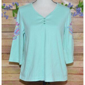 Blair Ladies Mint Green V-Neck 3/4 Sleeve Top M Stretch Casual Floral Embroidere